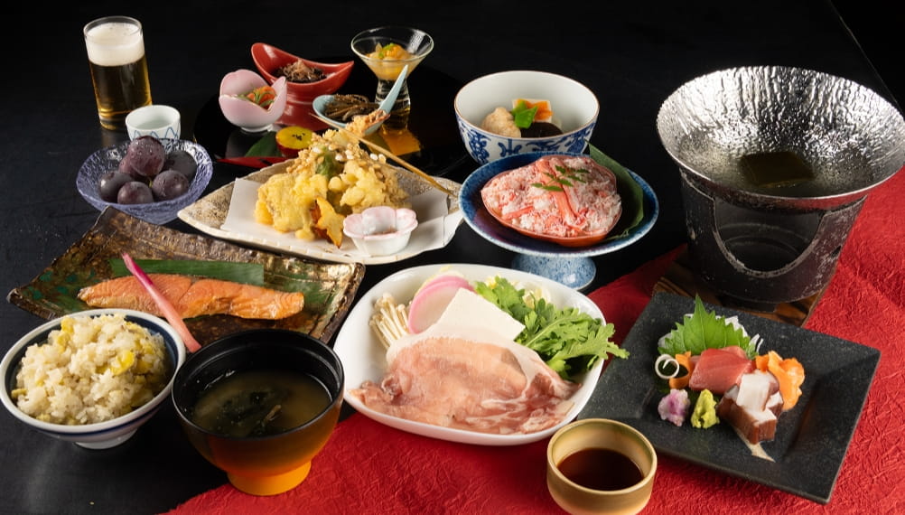 ご夕食（新発田牛しゃぶしゃぶ付 一例）宿泊+食事付 15,000円プランの場合